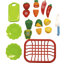 Hrací sada s hračkami, včetně jahody, mrkve, chilli, papriky, kukuřice, citronu, krájecího prkénka, nože, talíře a odkapávače