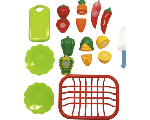 Hrací sada s hračkami, včetně jahody, mrkve, chilli, papriky, kukuřice, citronu, krájecího prkénka, nože, talíře a odkapávače