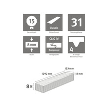 Ilustrace vlastností laminátu: záruka 15 let, formát prkna Classic, třída použití 31, tloušťka 8 milimetrů, patentovaný profil pokládky Clic it, čtyřstranná Woodvision fáze, rozměry 1292 x 193 x 8 milimetrů, osm kusů