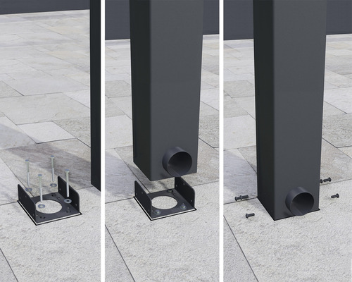 Ilustrace montáže sloupku s patkou sloupku a šrouby