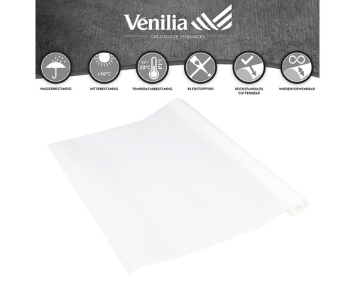 Logo Venilia. Samolepicí fólie, voděodolná, žáruvzdorná do 50 stupňů, teplotně odolná mezi plus a minus 20 stupni, bez lepidla, odstranitelná beze zbytků a opakovaně použitelná.