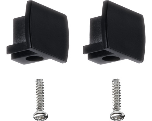 Dvě černé koncovky rolet se šrouby