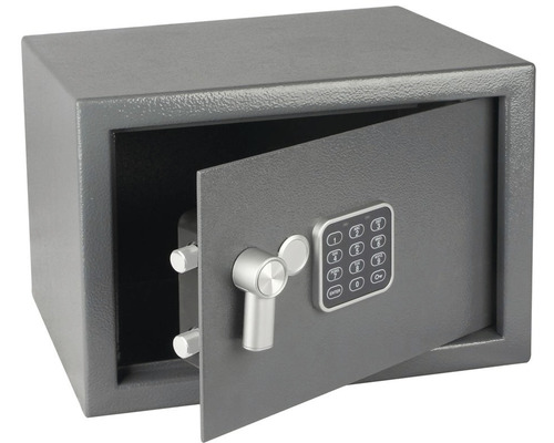 Šedý nábytkový trezor s digitálním zámkem a otevřenými dveřmi