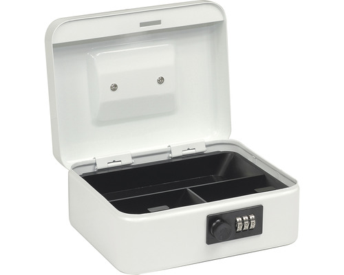 Otevřený bílý kufřík na peníze s kombinačním zámkem