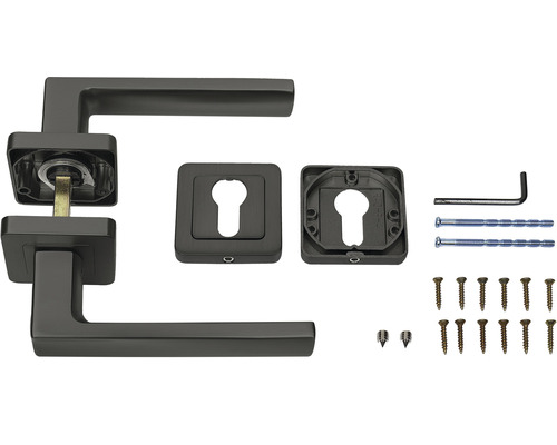Sada kliky ke dveřím se čtvercovou rozetou a upevňovacím materiálem