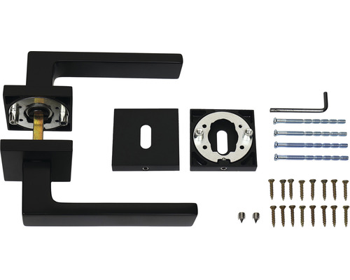Sada kliky ke dveřím v černé barvě s upevňovacím materiálem