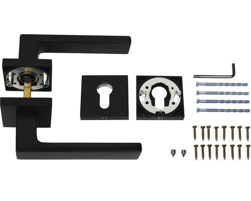 Černé kliky dveří s montážním materiálem