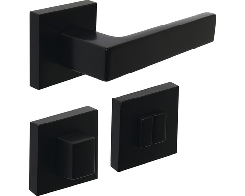 Černá klika dveří s hranatou rozetou a zámkem