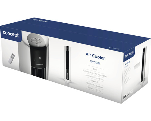 Balení chladiče vzduchu Concept OV5210 s funkcemi: letní ventilátor, zvlhčovač vzduchu, chladič vzduchu, ionizátor vzduchu, tři rychlosti, oscilační funkce a dálkové ovládání.