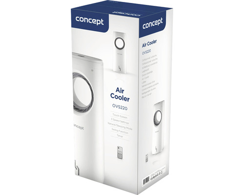 Balení ochlazovače vzduchu Concept OVS5220 s dotykovou obrazovkou, třemi rychlostmi, režimem Natural / Sleeping, funkcí Swing a časovačem.