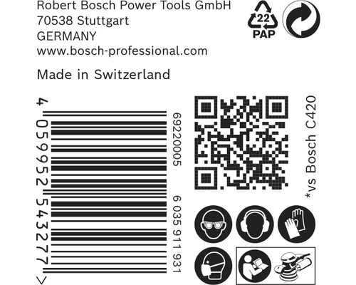Informace o Robert Bosch Power Tools, čárový kód, QR kód, identifikační znak papírového obalu, bezpečnostní opatření
