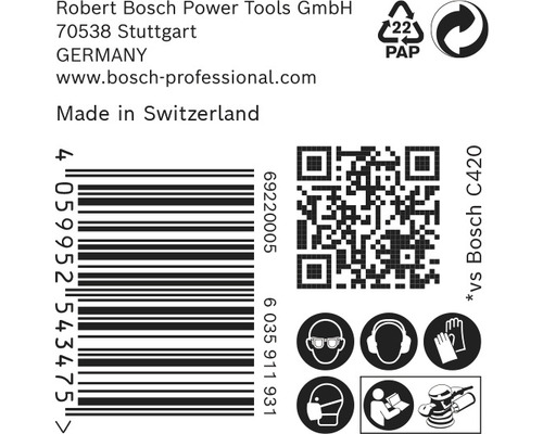 Potisk obalu produktu s informacemi o Robert Bosch Power Tools GmbH, místo výroby Švýcarsko, čárový kód, QR kód a bezpečnostní pokyny