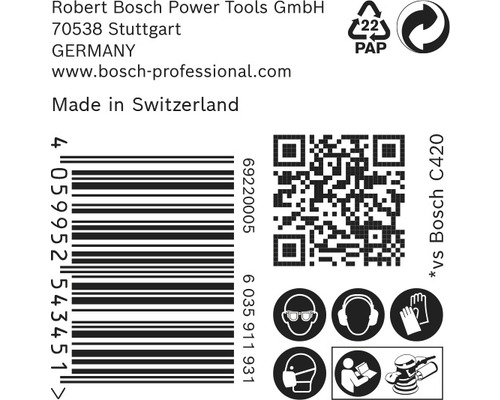 Obal produktu s informacemi o Robert Bosch Power Tools GmbH, čárový kód, QR kód, pokyny pro recyklaci a bezpečnostní opatření