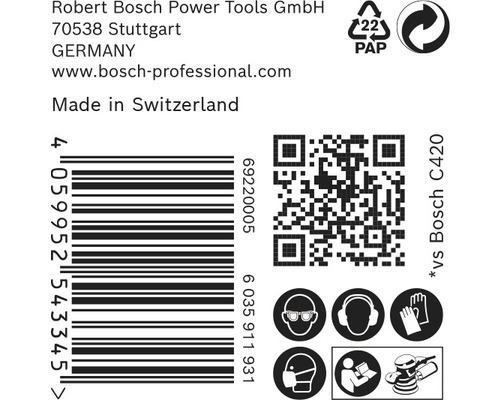 Informace o Robert Bosch Power Tools, čárový kód, QR kód a bezpečnostní pokyny.