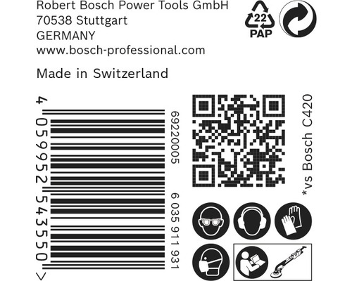 Informace o Robert Bosch Power Tools, čárový kód, QR kód, symbol papírového obalu, symboly povinných ochranných pomůcek a symbol zařízení