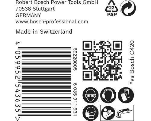 Informace o Robert Bosch Power Tools, čárový kód, QR kód, papírový obal a ochranné symboly