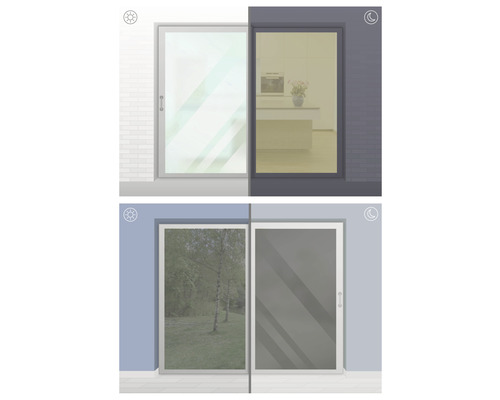 Ilustrace okna, které se ztmavuje v závislosti na denní době