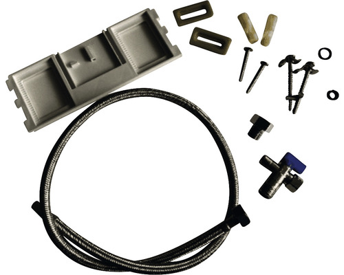 Instalační materiál pro umyvadla, včetně flexibilní hadice, upevňovacího materiálu a rohového ventilu