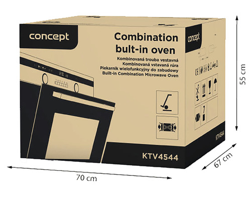 Balení vestavné kombinované trouby Concept s mikrovlnnou funkcí o rozměrech 70 x 67 x 55 cm