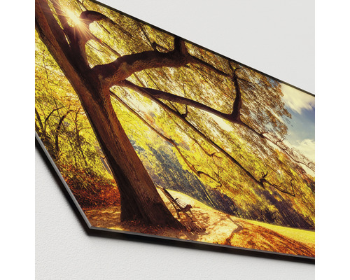 Dekorativní nástěnná deska s krajinou stromů a lavičkou