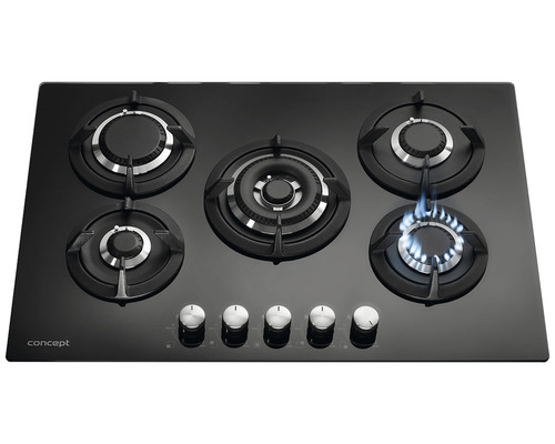 Černá plynová varná deska s pěti hořáky a ovládacími knoflíky