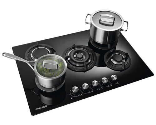 Černá plynová varná deska s pěti hořáky a dvěma hrnci