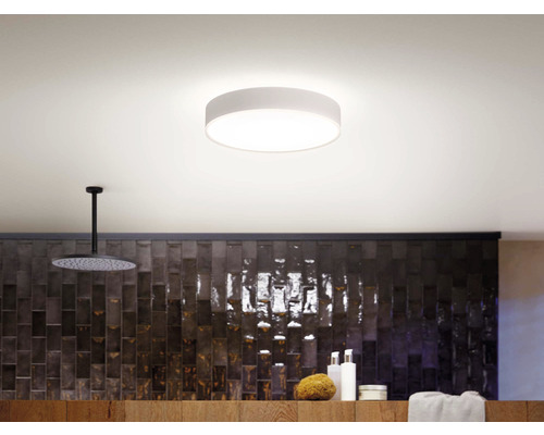 Moderní koupelna se stropním svítidlem, sprchou a úložným prostorem