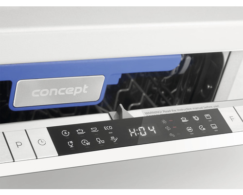 Detail ovládacího panelu myčky s indikátory a tlačítky a logem Concept.