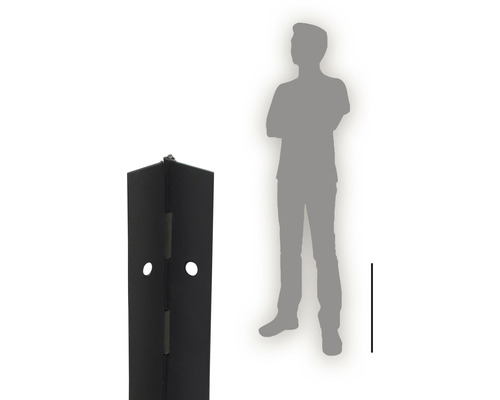 Kovový sloupek s vyvrtanými otvory a silueta osoby pro porovnání velikosti