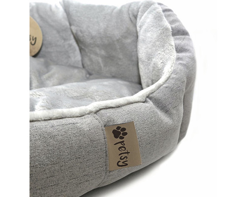 Šedá postel pro zvířata s plyšovou podšívkou a logem Petsy