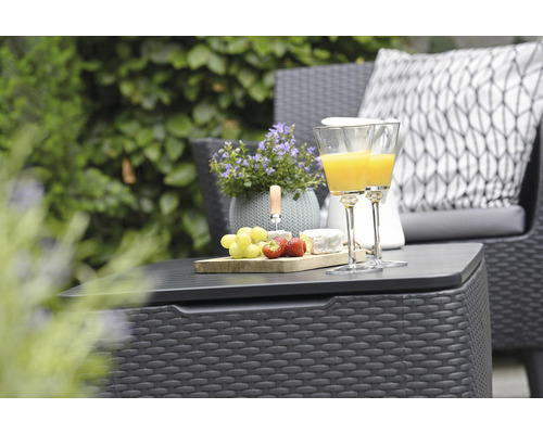 Zahradní scéna se stolem, židlí, nápoji, ovocem a sýrem na podnosu