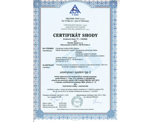 Certifikát shody pro cylindrickou vložku EURO Secure