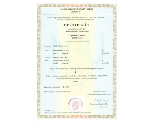 Certifikát pro cylindrickou vložku EURO Secure