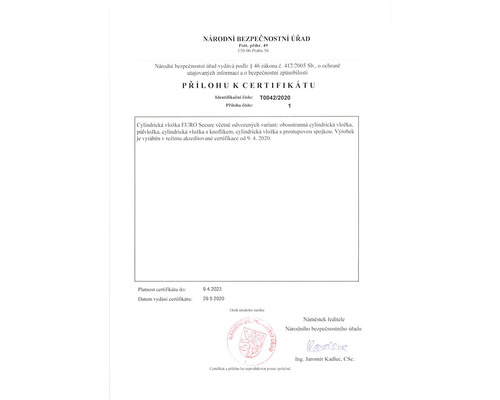 Příloha k certifikátu válce EURO Secure