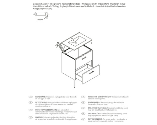 Nákres skříňky pod umyvadlo se dvěma zásuvkami a umyvadlem, připravená silikonová pistole