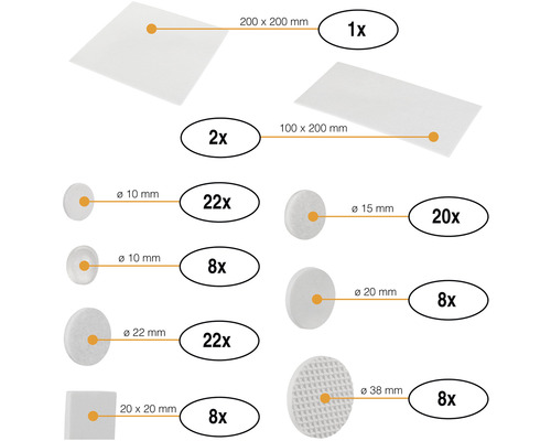 Sada plstěných kluzáků v různých velikostech