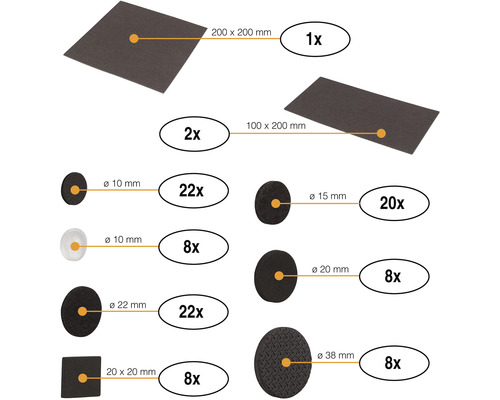 Sada kluzáků na nábytek s plstěnými kluzáky a plastovými kluzáky v různých tvarech a velikostech