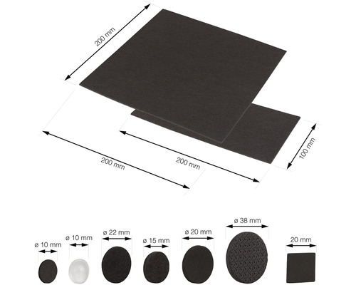 Sada kluzáků na nábytek s plstěnými kluzáky v různých velikostech a tvarech