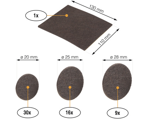 Sada kluzáků na nábytek s jedním plstěným kluzákem 130 x 110 milimetrů, 30 plstěných kluzáků o průměru 20 milimetrů, 16 plstěných kluzáků o průměru 25 milimetrů a devět plstěných kluzáků o průměru 28 milimetrů