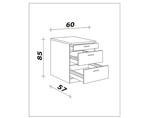 Nákres komody se třemi zásuvkami a rozměry