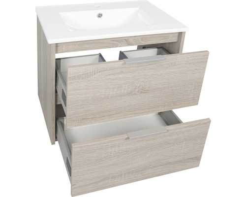 Skříňka pod umyvadlo se dvěma otevřenými zásuvkami a keramickým umyvadlem