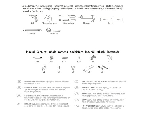 Obrázek nástrojů a upevňovacího materiálu potřebného pro montáž