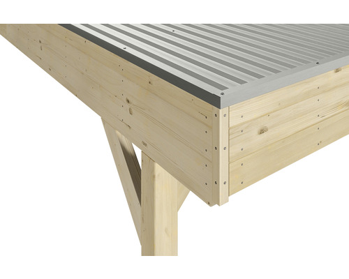 Detail dřevěné konstrukce se střechou z kovu.