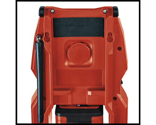 Zadní strana červené akumulátorové lampy Einhell s rukojetí a závěsem