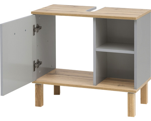 Skříňka pod umyvadlo s otevřenými dvířky, policí a dřevěnýma nohama