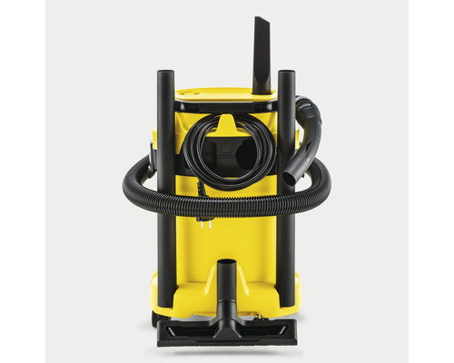Žlutý víceúčelový vysavač s příslušenstvím a hadicí
