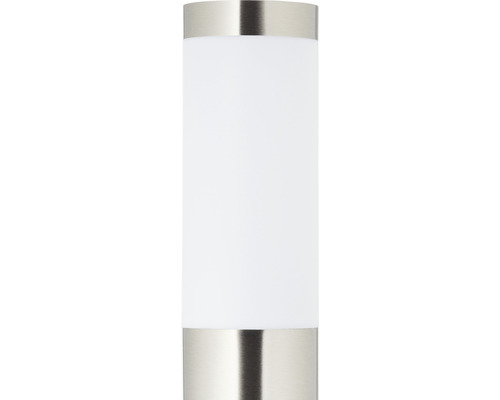 Válcové nástěnné svítidlo s kovovým rámem a bílým stínidlem.