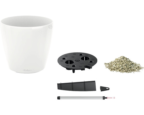 Součásti sady květináčů: květináč, zavlažovací vložka, substrát, ukazatel hladiny