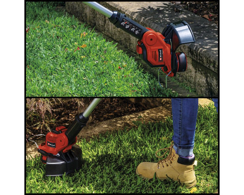 Dvoudílný obrázek akumulátorového vyžínače Einhell používaného pro řezání okrajů a sekání trávy