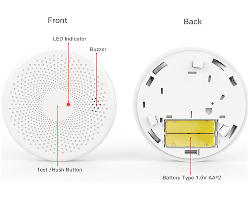 Hlásič kouře přední a zadní strana s LED indikátorem, bzučákem, testovacím tlačítkem a přihrádkou na baterie pro dvě 1,5V AA baterie